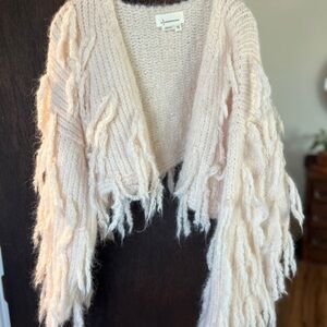 Anthropologie Blush Fringe Open-Front Knit Shrug